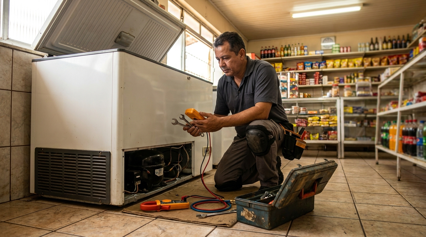 Profissional executando manutenção no motor de freezer no Expansul, Aparecida de Goiânia‑GO