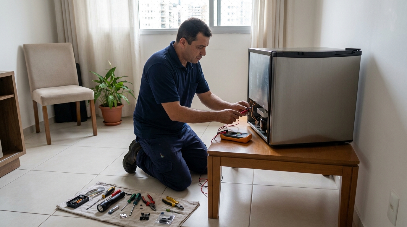 Técnico fazendo manutenção do motor de frigobar na Vila Delfiore, Aparecida de Goiânia‑GO