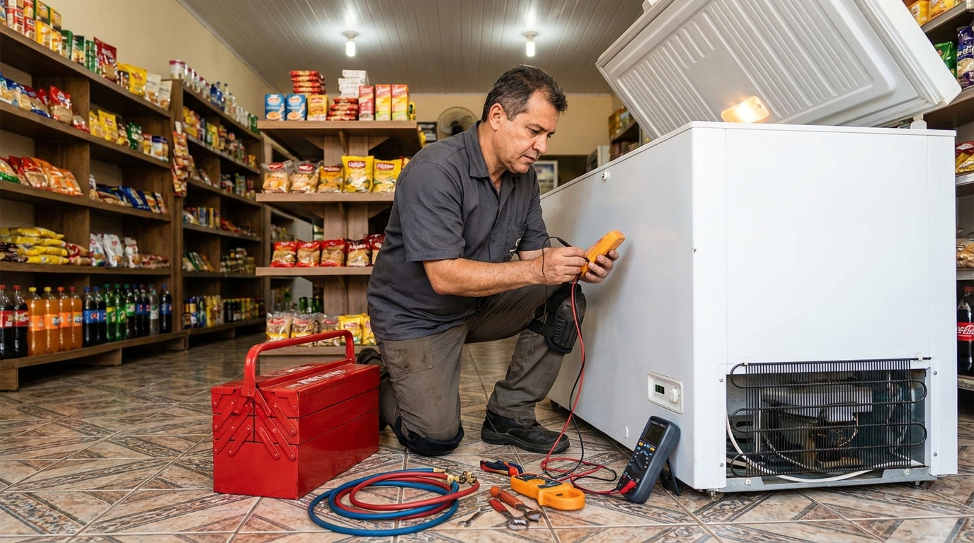 Recarga de gás refrigerante no freezer durante atendimento no Expansul, Aparecida de Goiânia‑GO