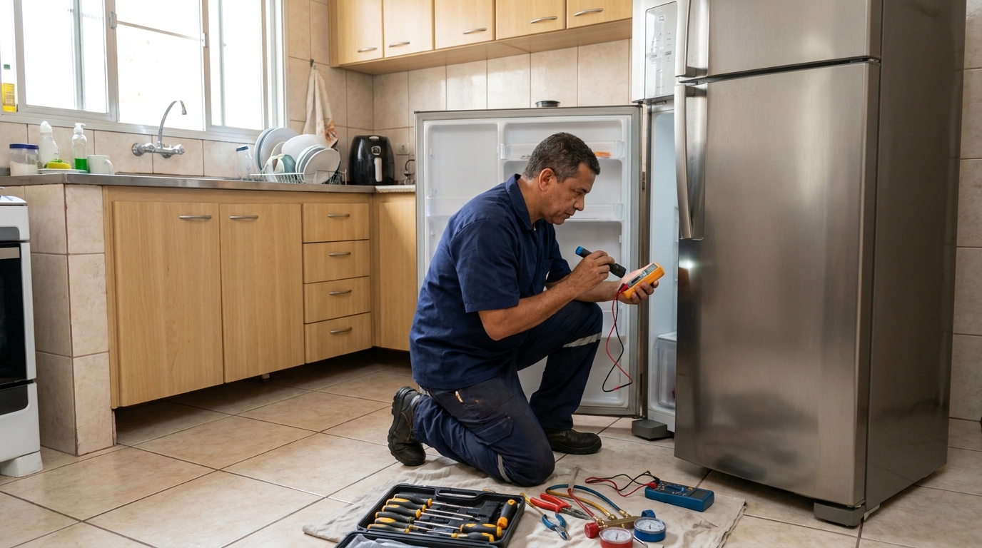 Técnico aplicando recarga de gás refrigerante em geladeira na Morada dos Pássaros, Aparecida de Goiânia‑GO