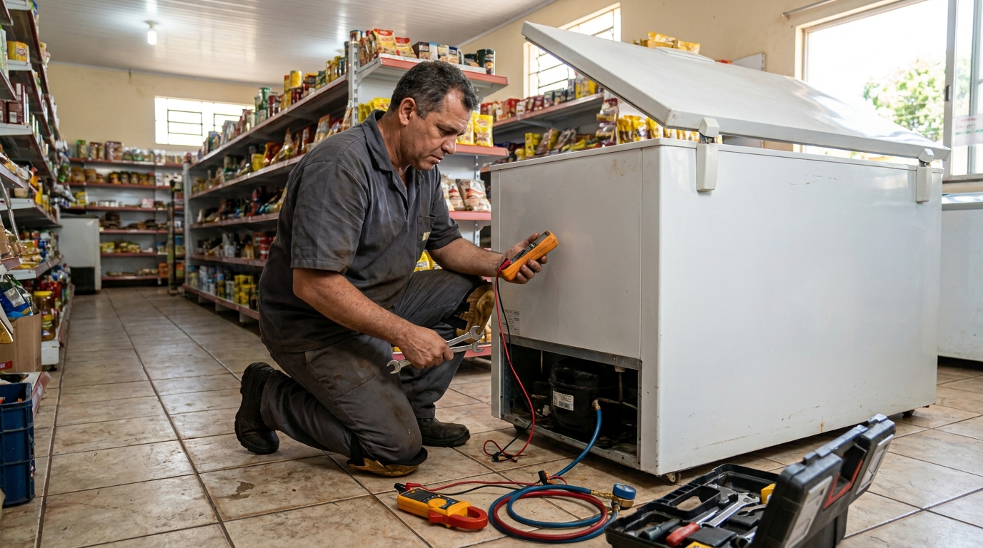 Substituição de termostato de freezer em visita técnica no Expansul, Aparecida de Goiânia‑GO
